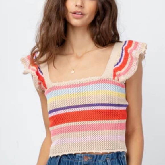 Rails Tops - RAILS Naomi Tan Multi Stripe Crochet Knit Tank Top